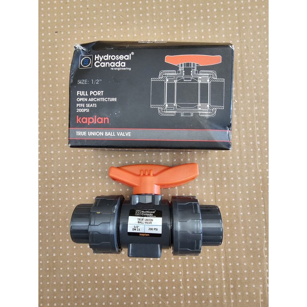 NEW Hydroseal Canada Kaplan PVC 1 1/2" True Union Ball Valve, rated at 200 PSI.